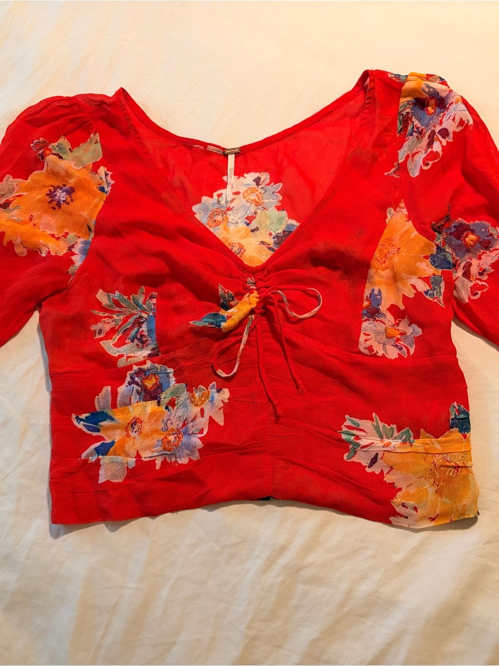 Free People Red Floral Tie-Front Crop Top